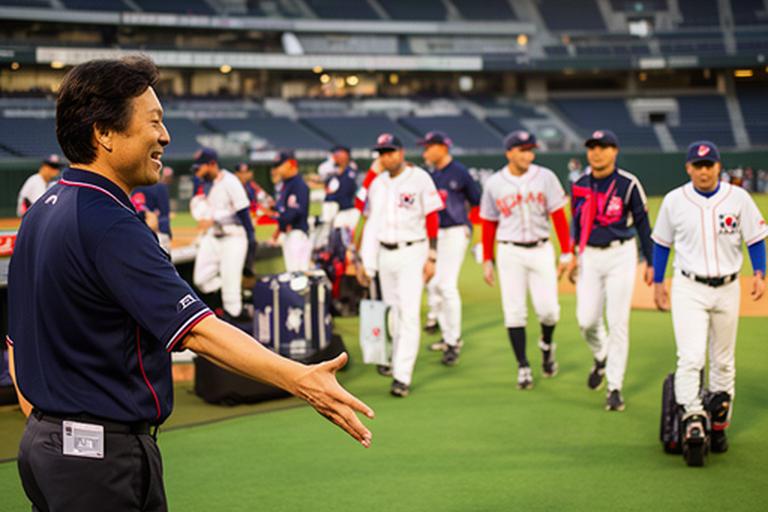 日本と韓国の野球チームが交流試合を行うスタジアムでスタッフが案内をしている様子