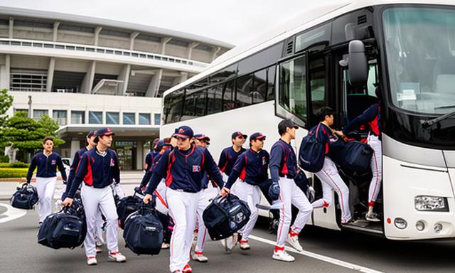 日韓野球交流に参加する選手たちが遠征バスへ乗り込む球場前の様子