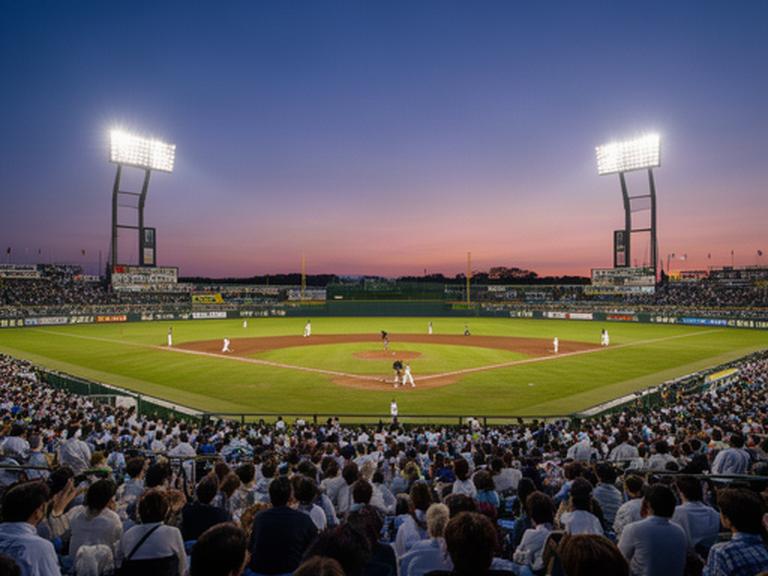 豊橋市民球場で夕方の野球試合を見守る観客と照明塔